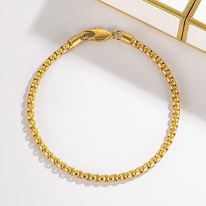 H&Beautimer Solid 925 Sterling Silver - Classic Men's 3MM Box Chain Bracelet - Original Silver Party Jewelry Bracelet 6.3-6.7-7-7.5-8-8.5-9'' - Handmade in Italy