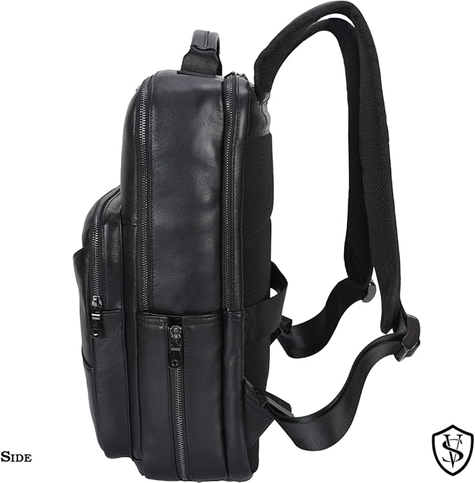 STAR VISTA 15.6" Trajan Premium Calfskin Leather Laptop Backpack for Men, Multi Pockets, Business Travel Bag, Casual Outdoor Rucksack, YKK Zippers, Black