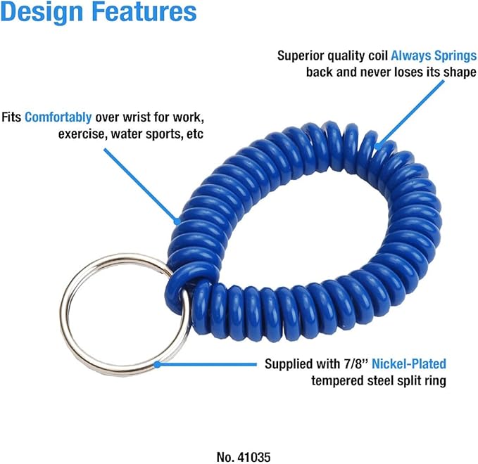 Lucky Line 2” Spiral Wrist Coil with Steel Key Ring, Flexible Wrist Band Key Chain Bracelet, Stretches to 12” Blue, 10 PK (41035)