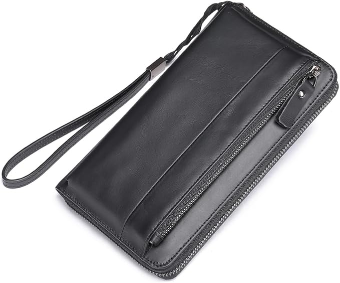 LUKZIJAES Long Wallets for Men Genuine Leather Casual Business Man Wallet with Zipper Large Capacity Phone Handbag Mens Clutch Purse (#5-Black) (#5-Black)