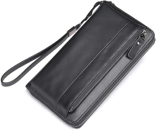 LUKZIJAES Long Wallets for Men Genuine Leather Casual Business Man Wallet with Zipper Large Capacity Phone Handbag Mens Clutch Purse (#5-Black) (#5-Black)