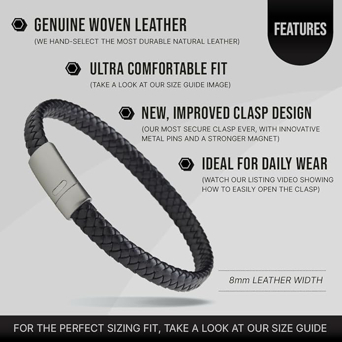 LUXAR Men’s Genuine Leather Bracelet | Interwoven Black Leather Bracelets with Brush Stainless Steel Clasp | Minimalist, Designer Jewelry for Men