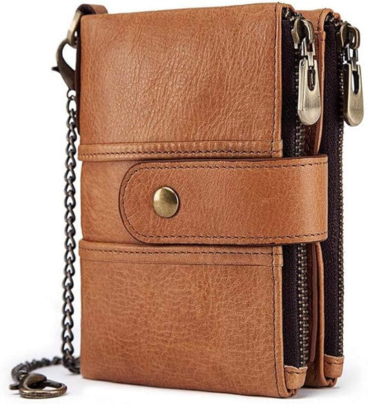boshiho Real Leather RFID Blocking Bifold Wallets for Men Double Zipper Coin Pocket Purse with Anti-Theft Chain