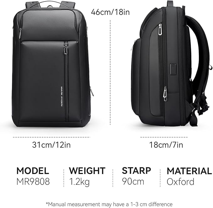 Muzee Business Laptop Backpack, Expandable 25L-35L Large Capacity Travel Backpack, Water-resistant Cabin Backpack 45x30x25cm, Work Bag with USB for Men - Black