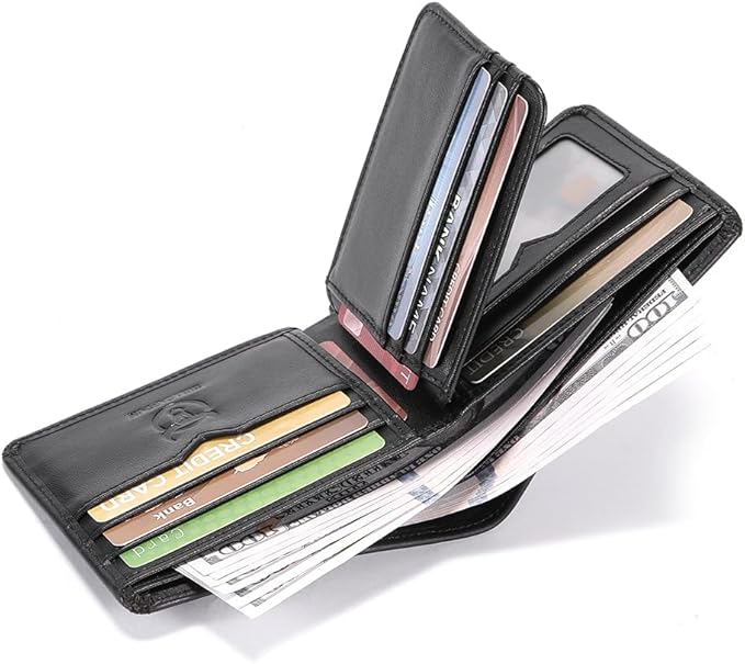 LUKZIJAES Mens Wallets Bifold Black Genuine Leather Wallet for Men RFID Blocking Slim Front Pocket Wallets with 2 ID Window (#13-Black)