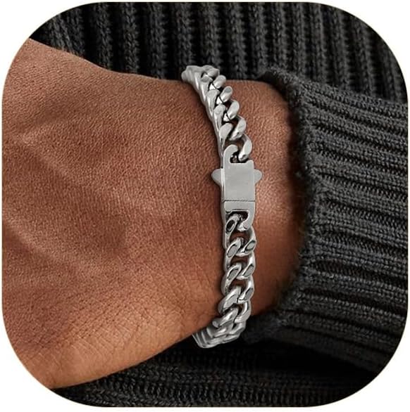 Stainless Steel Bracelets for Men,Cuban Link Mens Bracelet Silver/Black/Gold Plated Classic Chain Wrist Bracelets Jewelry Gifts for Dad Husband 5/7/9/12MM Width,7.5"/8.3"/9" Length with Gift Box