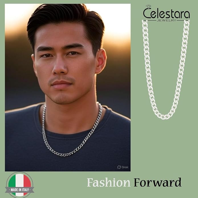 Celestara Jewelry, 925 Sterling Silver Cuban Link Chain, Italian-Made Solid Chain Bracelet and Necklace for Men & Women - (Premium Leather Gift Box Included)