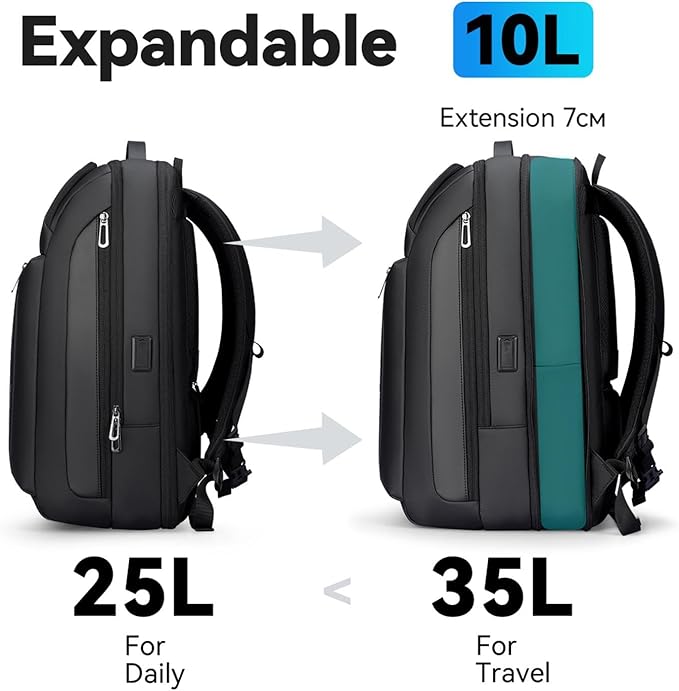 Muzee Business Laptop Backpack, Expandable 25L-35L Large Capacity Travel Backpack, Water-resistant Cabin Backpack 45x30x25cm, Work Bag with USB for Men - Black