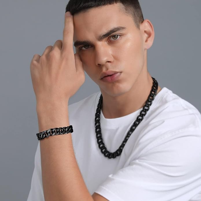 Stainless Steel Bracelets for Men,Cuban Link Mens Bracelet Silver/Black/Gold Plated Classic Chain Wrist Bracelets Jewelry Gifts for Dad Husband 5/7/9/12MM Width,7.5"/8.3"/9" Length with Gift Box