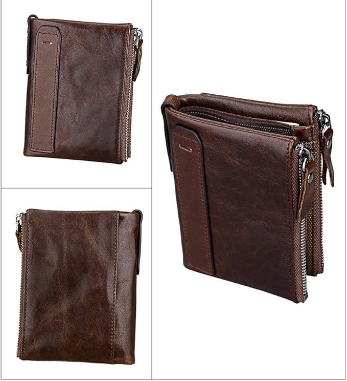 shuainiu Men's Folding Double Zip Wallet RFID Blocks Retro Short Coin Purse