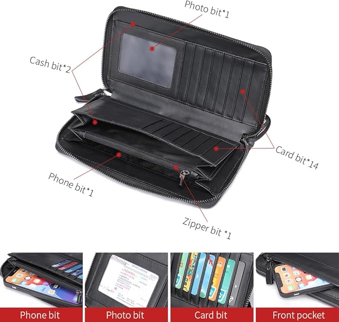 LUKZIJAES Long Wallets for Men Genuine Leather Casual Business Man Wallet with Zipper Large Capacity Phone Handbag Mens Clutch Purse (#5-Black) (#5-Black)