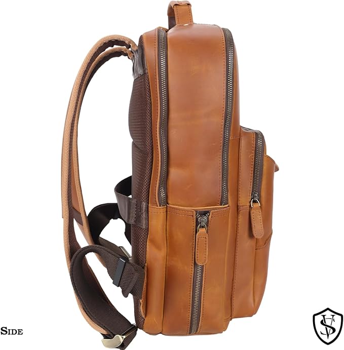 STAR VISTA 15.6" Trajan Vintage Full Grain Leather Laptop Backpack for Men, Multi Pockets, Casual Outdoor Business Travel Rucksack, YKK Zippers, Light Brown