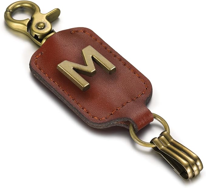 XGALBLA Initial Letter Brown Leather Alphabet Keychain with Easy Clasp, Key Car Bag Key Ring for Women & Men