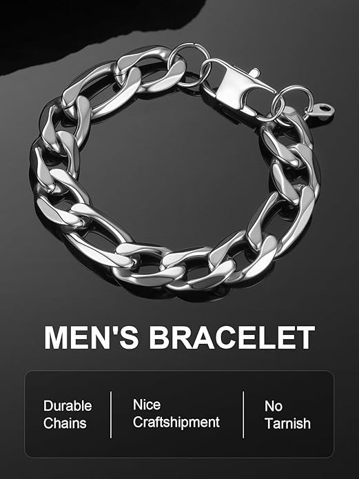 ChainsPro Men Sturdy Figaro/Cuban Chain Bracelet, 6/9/13mm Width, 7.48/8.26inch Length, 316L Stainless Steel/18K Gold Tone/Black- Send Gift Box