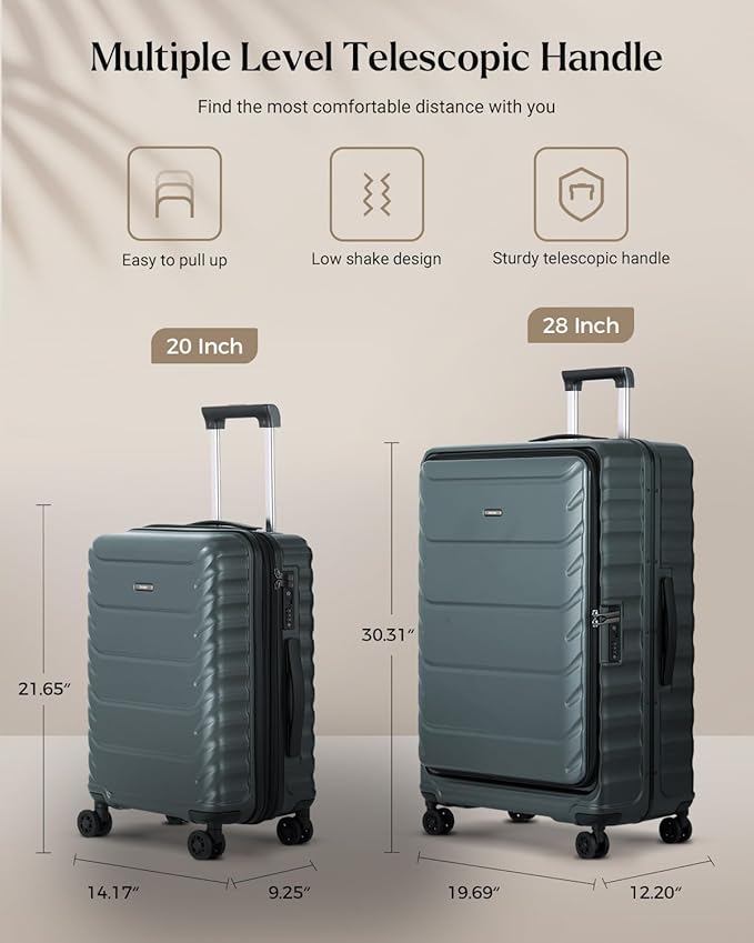 Luggage Sets 2 Pieces, 20/28 Inch PC Hardshell Suitcase with Spinner Wheels, 20 Inch Expandable Clamshell Carry On Luggage and 28 Inch Aluminum Frame Top Opening Checked Luggage (Dark Green)