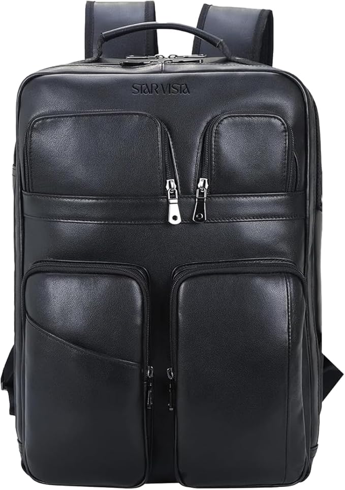 STAR VISTA Angelo 17.3" Premium Calfskin Leather Laptop Backpack for Men, Multi Pockets, Business Travel Bag, Casual Outdoor Rucksack, YKK Zippers, Black