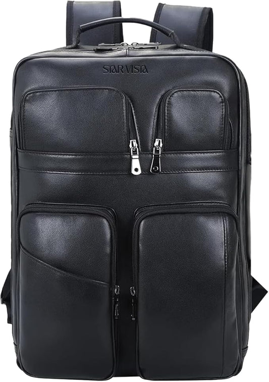 STAR VISTA Angelo 17.3" Premium Calfskin Leather Laptop Backpack for Men, Multi Pockets, Business Travel Bag, Casual Outdoor Rucksack, YKK Zippers, Black