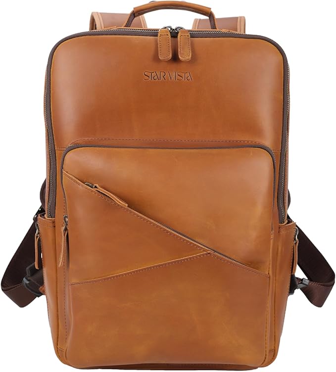 STAR VISTA 15.6" Trajan Vintage Full Grain Leather Laptop Backpack for Men, Multi Pockets, Casual Outdoor Business Travel Rucksack, YKK Zippers, Light Brown