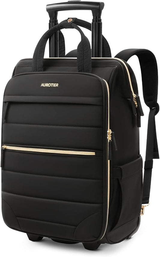 Rolling Puffer Backpack for Women, Travel Backpack with Wheels, 16 Inch Wheeled Laptop Backpack, Dual-Opening Design Overnight College Underseat Carry on Luggage, Roller Business Work Bag, Black