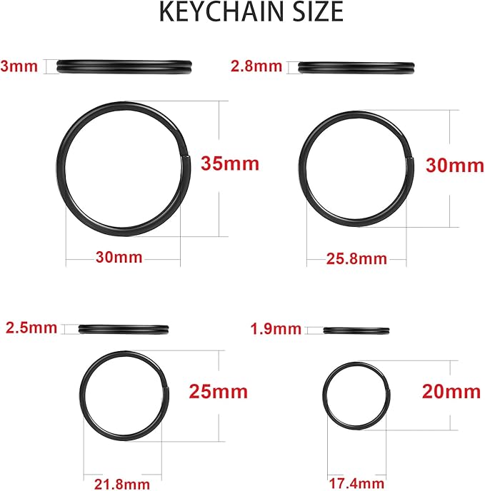 40 Pack Black Key Ring Keychain Assorted in 4 Sizes Metal Round Split Key Chains Rings for Home Car Dog Tag Office Lanyards Keys Attachment