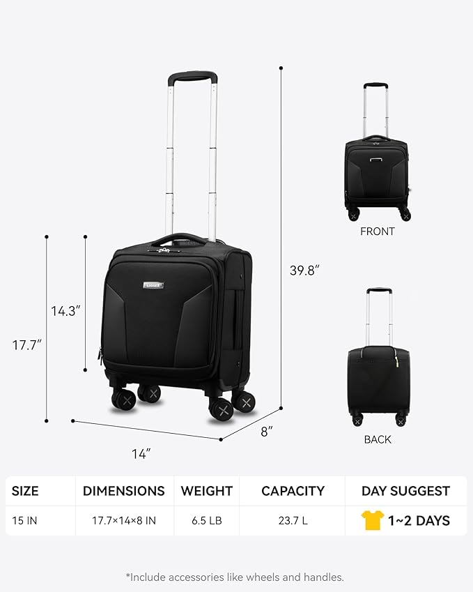 LUGGEX Underseat Carry On Luggage with Wheels - Soft Sided Small Suitcase - Underseat Luggage with Front Open Design (15 Inch, Black)
