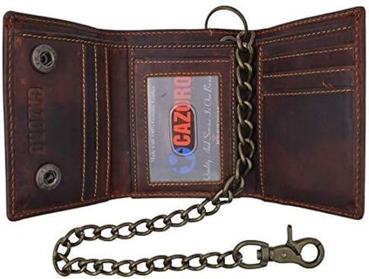 Men's RFID Blocking Trifold Vintage Leather Biker Chain Wallet With Snap Closure