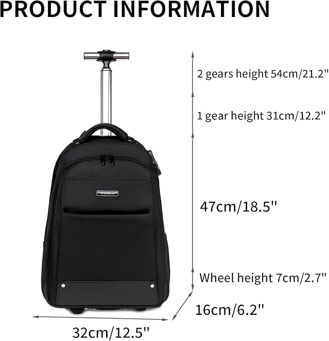 Rolling Backpack for Men Adults, Business Carry on Luggage 15 inch Laptop Wheeled Backpack, Travel Suitcase Women Trolley Bag with Wheels,Black