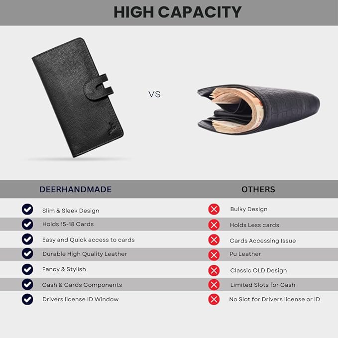 womens wallet (Holds 15-18 Cards, 4 Flat Pockets, 1 ID Windows) Genuine Leather clutch purses for women | Slim long wallets for women | rfid blocking wallet (black wallet)