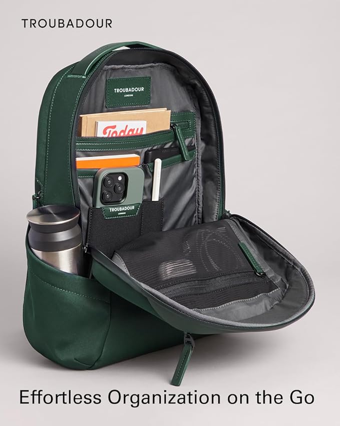 Troubadour Apex Compact Backpack 3.0 - Ultimate Work & Travel Laptop Backpack - 15" Padded Laptop Pocket - Waterproof, Lightweight, Spacious - Innovative Pockets - Made From Recycled Materials - Green