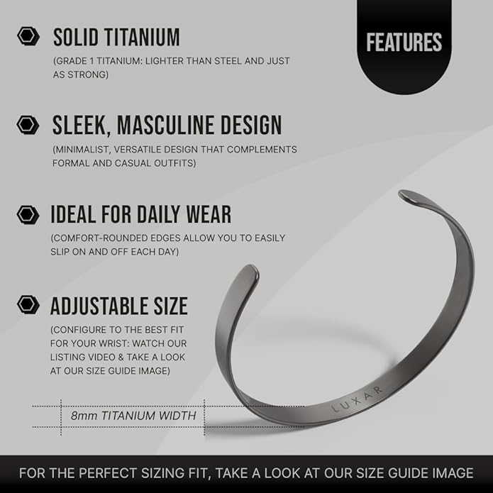 LUXAR Men's Titanium Cuff Bracelet | Solid Titanium Minimalist Bracelet Designed for Men | Available in Medium and Large Sizes | Explore the World of Luxar