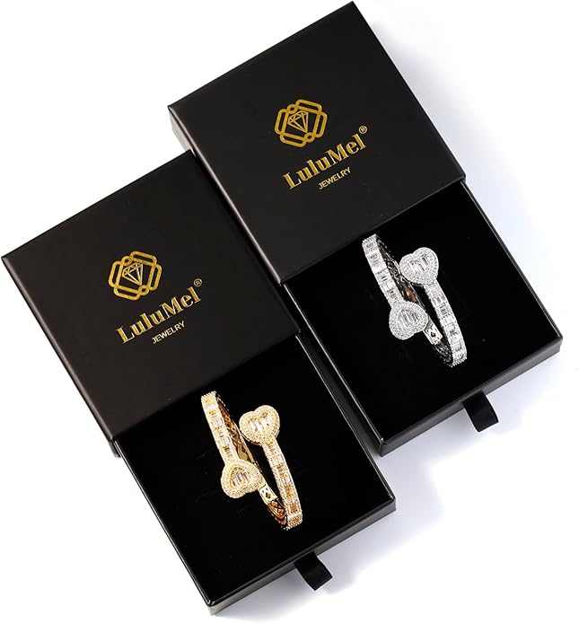 Lulu Mel Iced Out Baguette Diamond Bracelet Jewelry for Women, Hip Hop Mens 14k Gold Silver Plated Cubic Zirconia Bangle Bracelet, Men Heart Cuff Bracelet With Jewelry Box