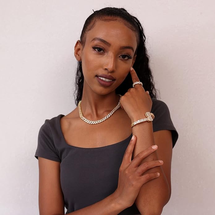 Lulu Mel Iced Out Baguette Diamond Bracelet Jewelry for Women, Hip Hop Mens 14k Gold Silver Plated Cubic Zirconia Bangle Bracelet, Men Heart Cuff Bracelet With Jewelry Box