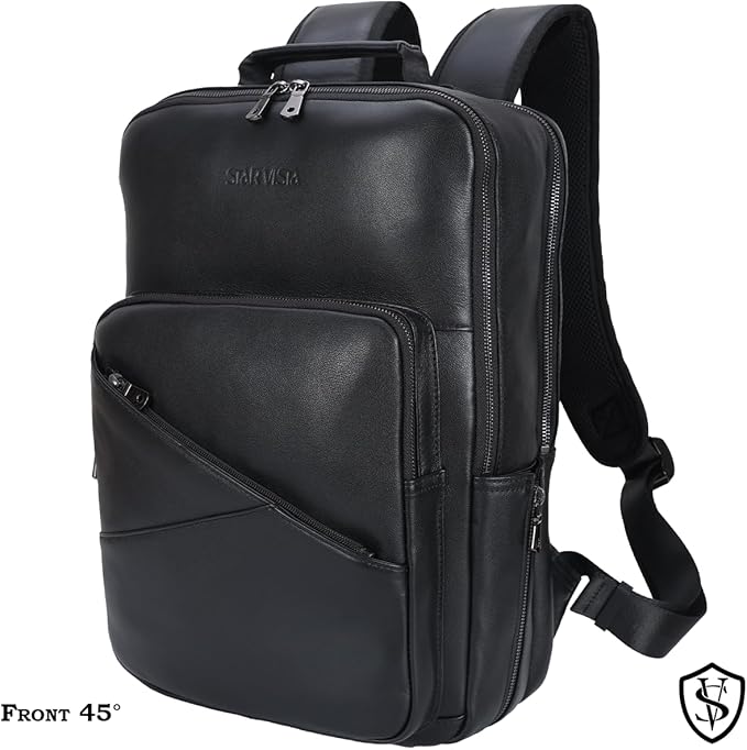 STAR VISTA 15.6" Trajan Premium Calfskin Leather Laptop Backpack for Men, Multi Pockets, Business Travel Bag, Casual Outdoor Rucksack, YKK Zippers, Black