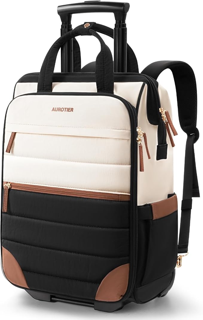 Rolling Puffer Backpack for Women, Travel Backpack with Wheels, 16 Inch Wheeled Laptop Backpack, Dual-Opening Design Overnight College Underseat Carry on Luggage, Roller Business Work Bag, Beige Brown