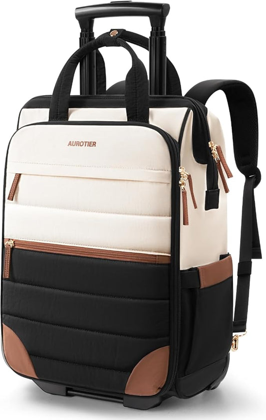 Rolling Puffer Backpack for Women, Travel Backpack with Wheels, 16 Inch Wheeled Laptop Backpack, Dual-Opening Design Overnight College Underseat Carry on Luggage, Roller Business Work Bag, Beige Brown