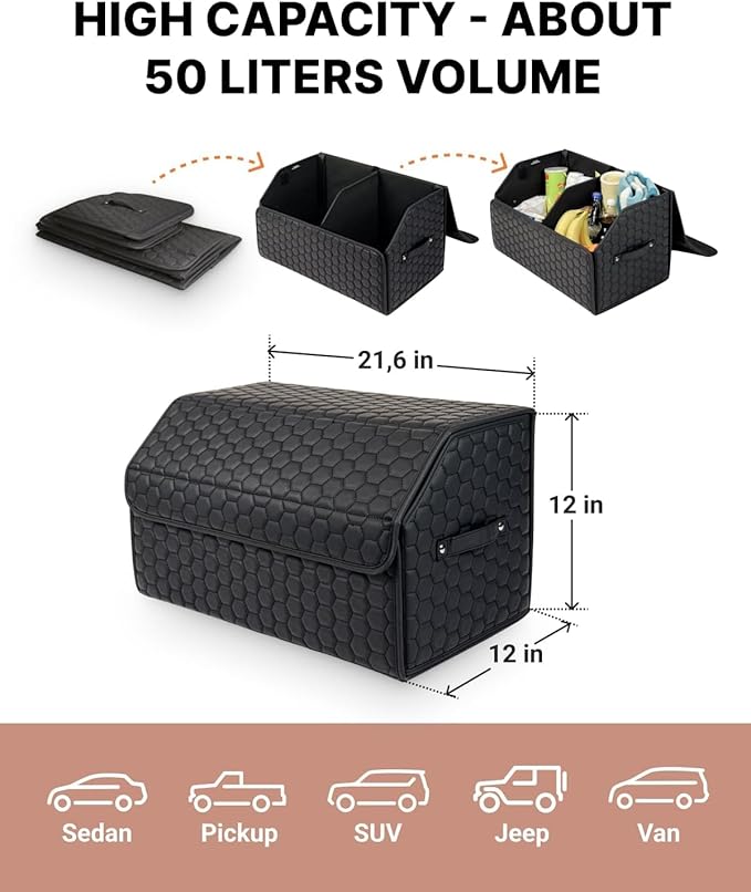 Owleys Trunk Organizer For Car - Collapsible Storage Bins - Keep Groceries, Sports Gear & Tools Secure On Road Trips - Best Gifts for Men - Heavy Duty Cargo Tote (Black 21.6)