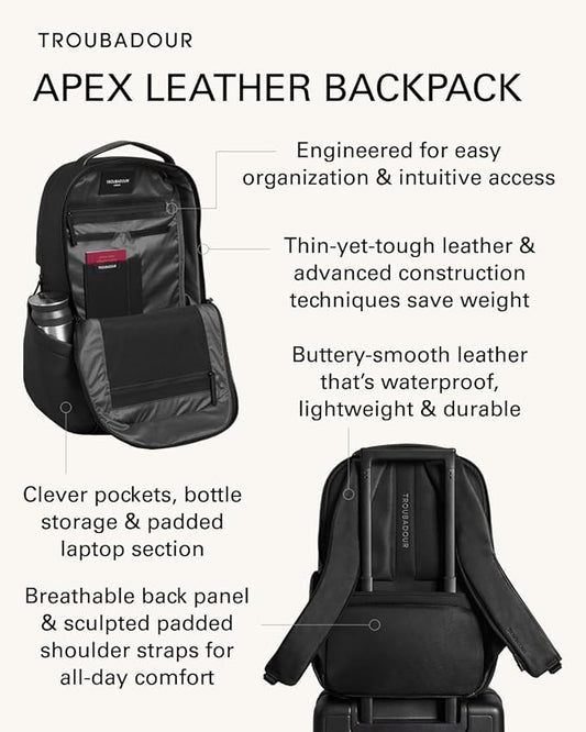 Troubadour Apex Leather Backpack - Innovative Waterproof Leather Laptop Backpack Fits Up to 16" - Ergonomic Design for Ultimate Comfort and Function - 5-Year Guarantee