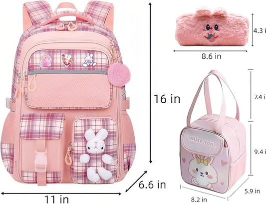 Girl Backpack for School Kids, Pink Cute Bookbag with Lunch Box Rainbow Elementary School Bag Pencil Case (Pink,3Pcs Set)