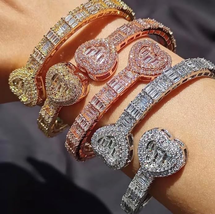 Lulu Mel Iced Out Baguette Diamond Bracelet Jewelry for Women, Hip Hop Mens 14k Gold Silver Plated Cubic Zirconia Bangle Bracelet, Men Heart Cuff Bracelet With Jewelry Box