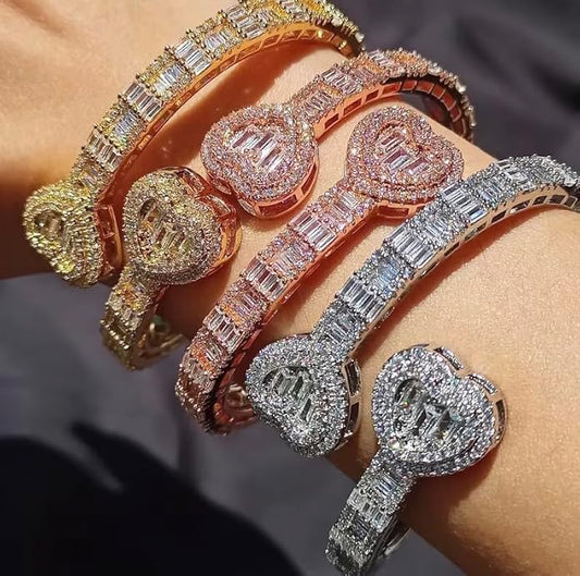 Lulu Mel Iced Out Baguette Diamond Bracelet Jewelry for Women, Hip Hop Mens 14k Gold Silver Plated Cubic Zirconia Bangle Bracelet, Men Heart Cuff Bracelet With Jewelry Box
