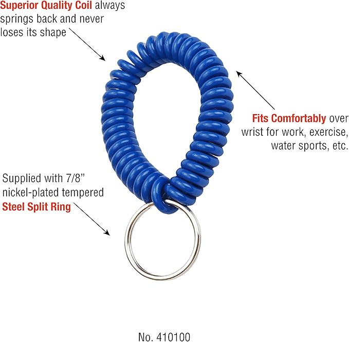 Lucky Line 2” Spiral Wrist Coil with Steel Key Ring, Flexible Wrist Band Key Chain Bracelet, Stretches to 12”, Blue, 1 PK (410351)