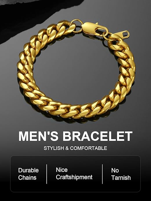 ChainsPro Cuban Link Bracelet for Mens, 6/10/14 mm, 19-21CM Length, 18K Gold Plated/316L Stainless Steel/Black-With Gift Box
