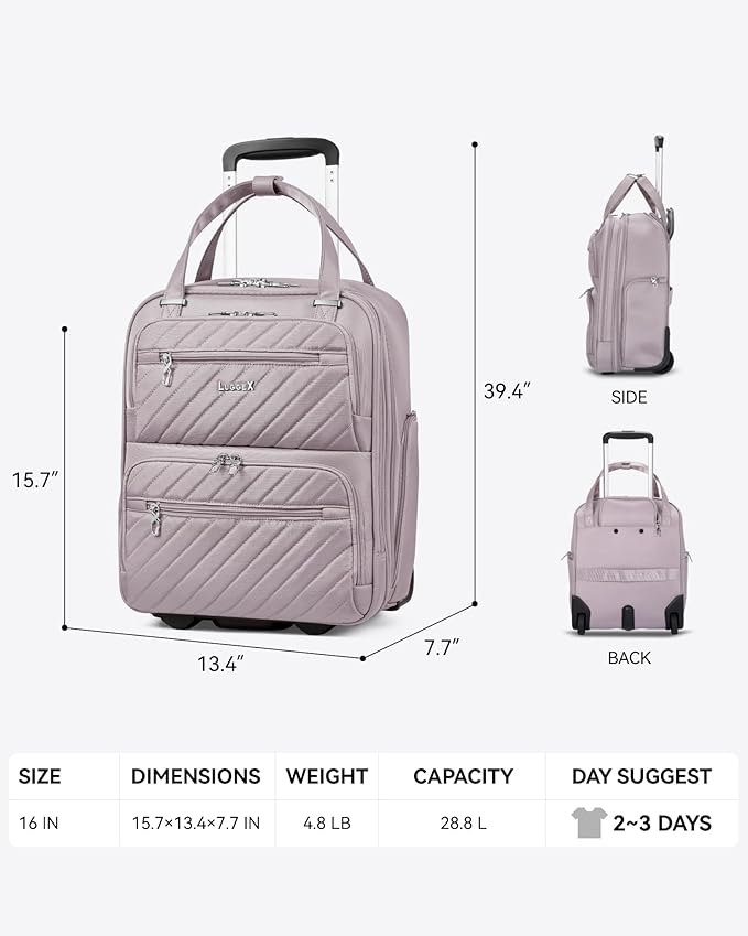 LUGGEX Underseat Carry On Luggage with Wheels, Stylish Lightweight Under Seat Luggage, Soft Sided Personal Item Suitcase for Short Trip (Grey Pink, 16 Inch)