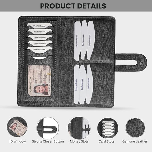 womens wallet (Holds 15-18 Cards, 4 Flat Pockets, 1 ID Windows) Genuine Leather clutch purses for women | Slim long wallets for women | rfid blocking wallet (black wallet)