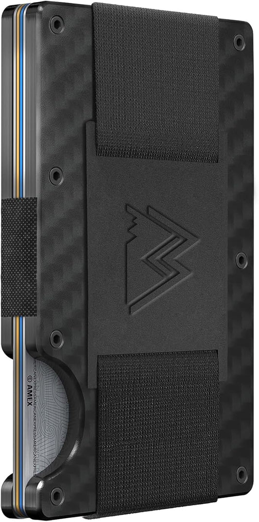 Mountain Voyage Co Minimalist Cash Strap - Slim RFID Blocking Wallet for Men & Women - Scratch Resistant, Credit Card Holder, Easily Removable Money & Cards, Aluminium Wallet (Matte Carbon Fiber)