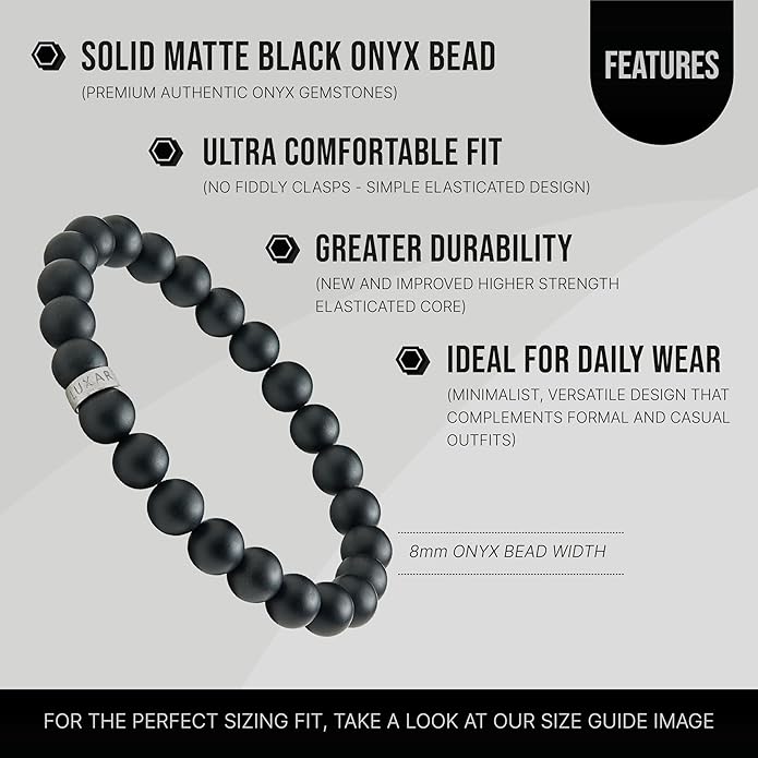 LUXAR Men’s Black Onyx Stone Bead Bracelets | Matte Black 8mm Stone | Minimalist, Designer Jewelry for Men