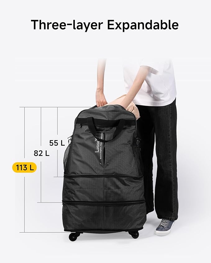LUGGEX Suitcases with Wheels, Expandable Collapsible Luggage Rolling Travel Duffle Bag without Telescopic Handle, Foldable Large Weekender Bag for Men Women, Black