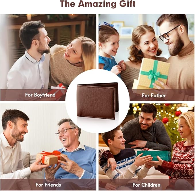 luseyfj Mens Slim Bifold Wallet with ID Clear Window & 6 Credit Card Slots, Minimalist Handmade Bifold Wallets for Men, Thin Card Credit Holder Wallet for Men - Slim & Stylish (Cognac)