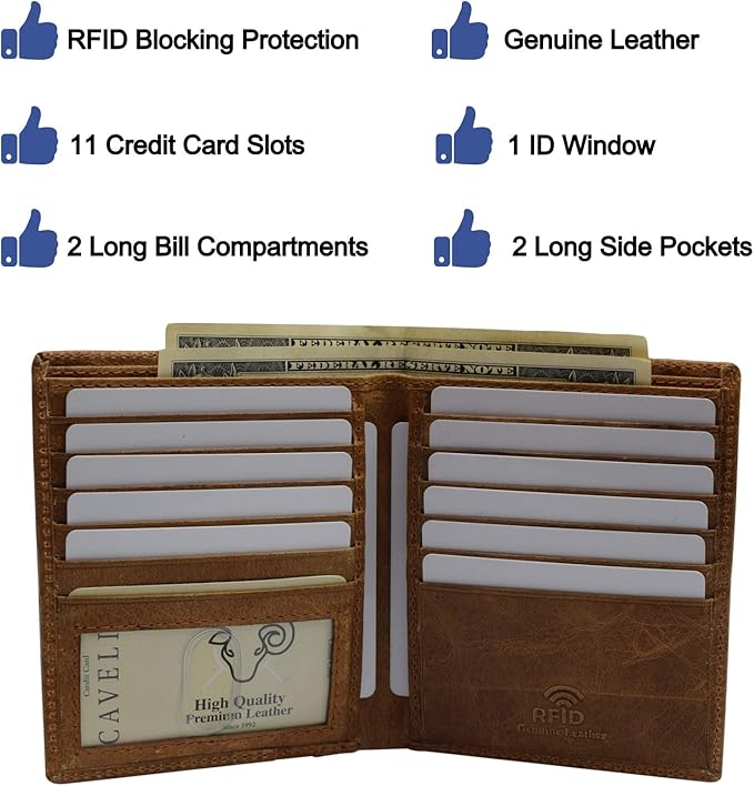RFID Blocking Bifold Hipster Credit Card Wallet Premium Lambskin Leather (Cavelio Tan)