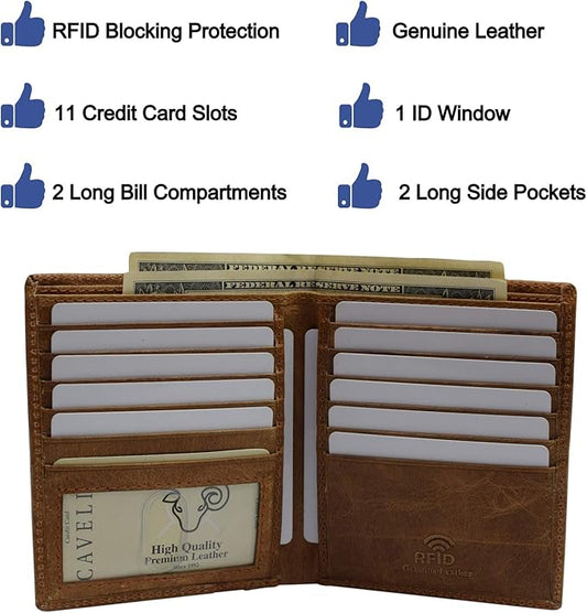 RFID Blocking Bifold Hipster Credit Card Wallet Premium Lambskin Leather (Cavelio Tan)